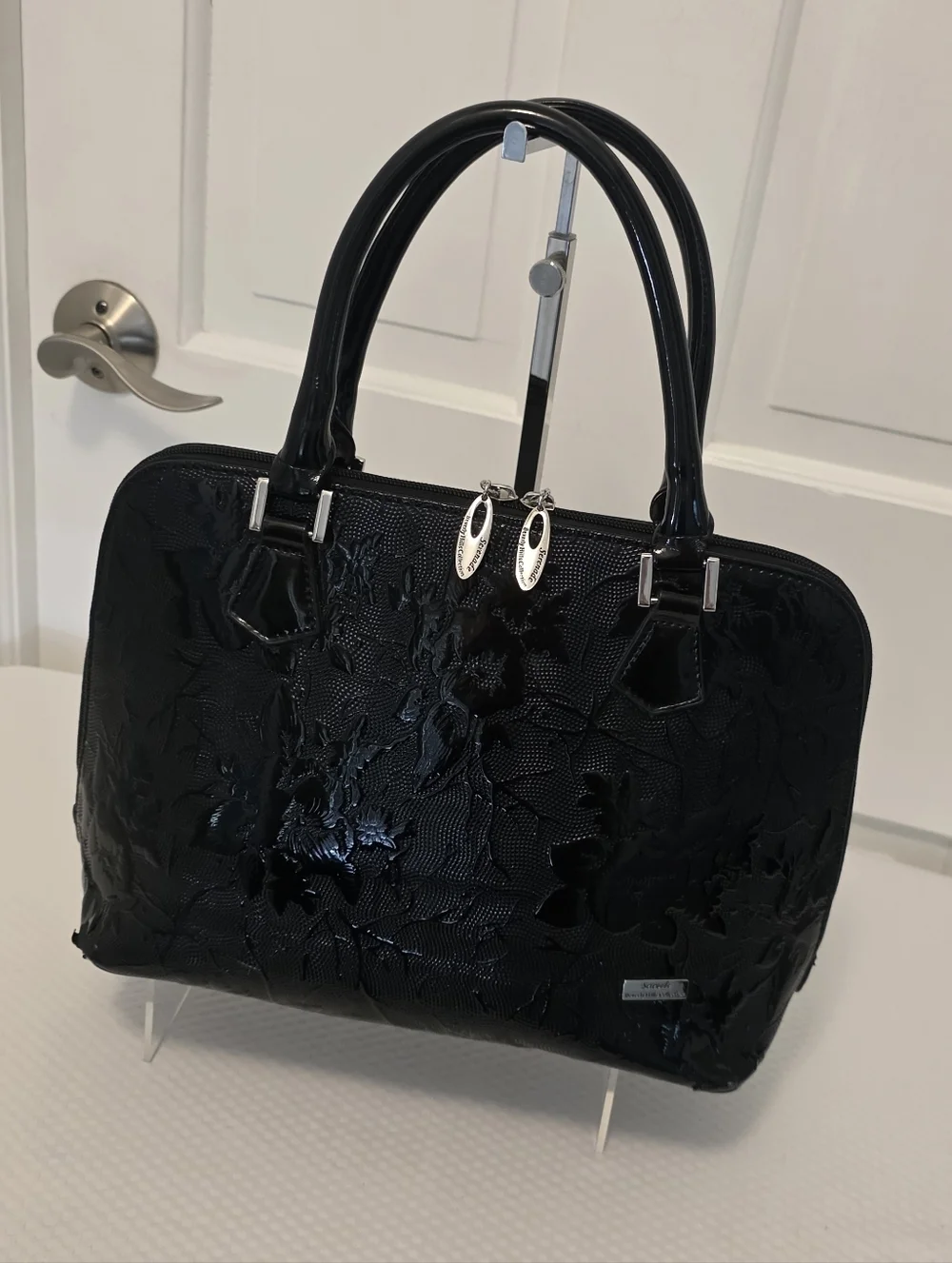 Serenade Beverly Hills Black Floral Embossed Patent Top-Handle Satchel, Classic